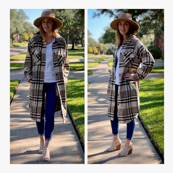 LAST ONE!! ON SALE! Brown Plaid Long Woolen a flannel Coat - Picture 7 of 10